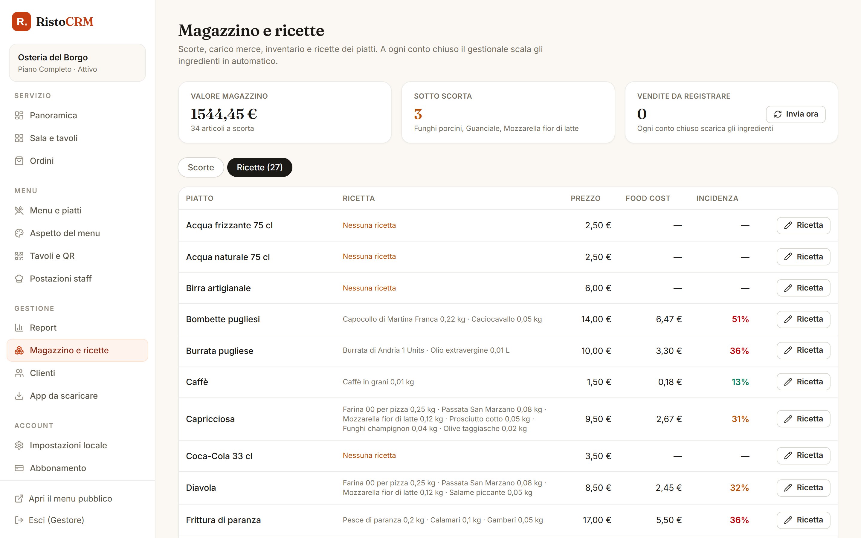 Magazzino con ricette e food cost dei piatti