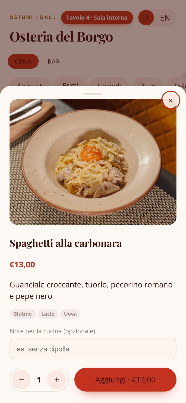 Scheda di un piatto con allergeni e note per la cucina