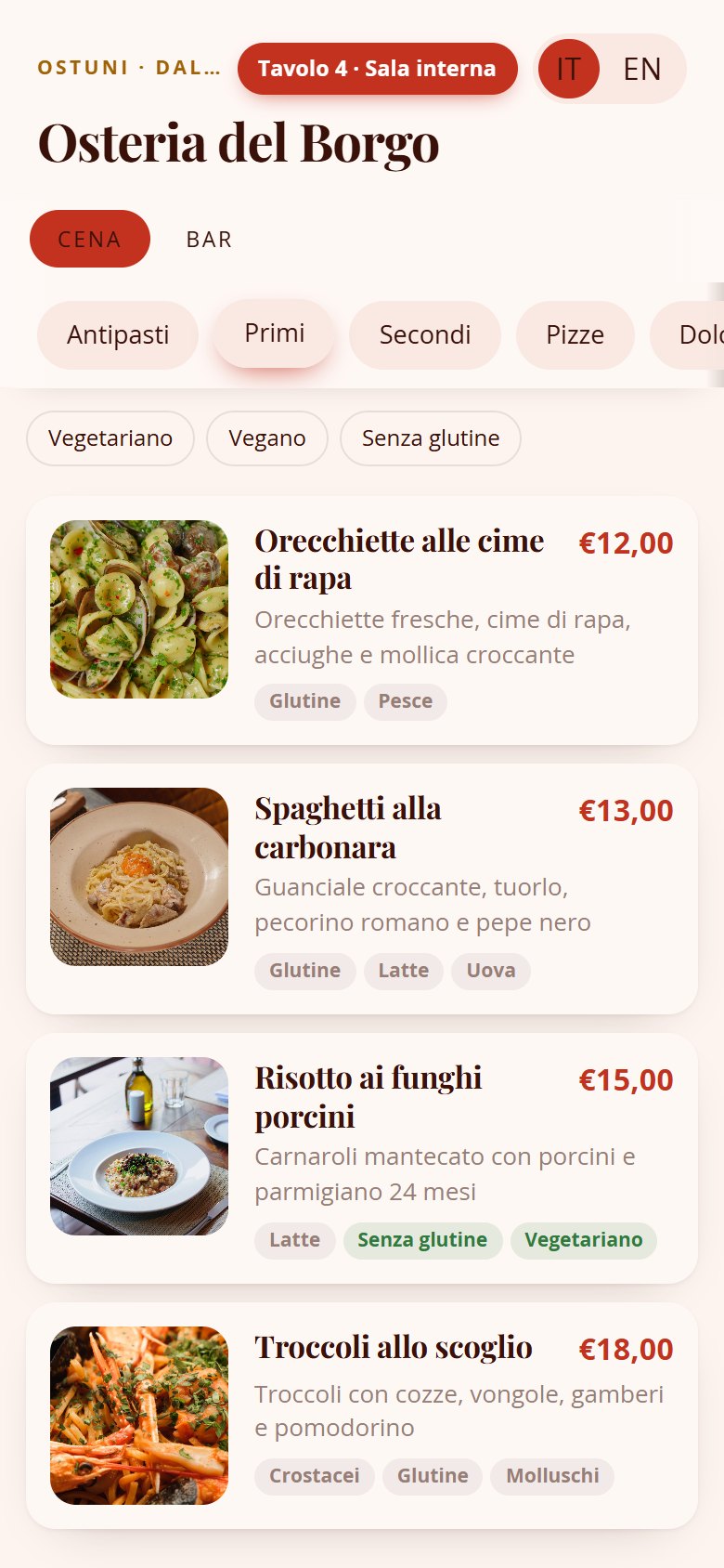 Categorie e piatti del menu