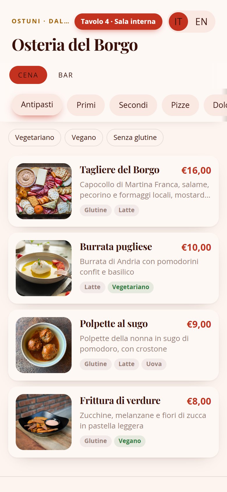 Menu digitale sul telefono del cliente