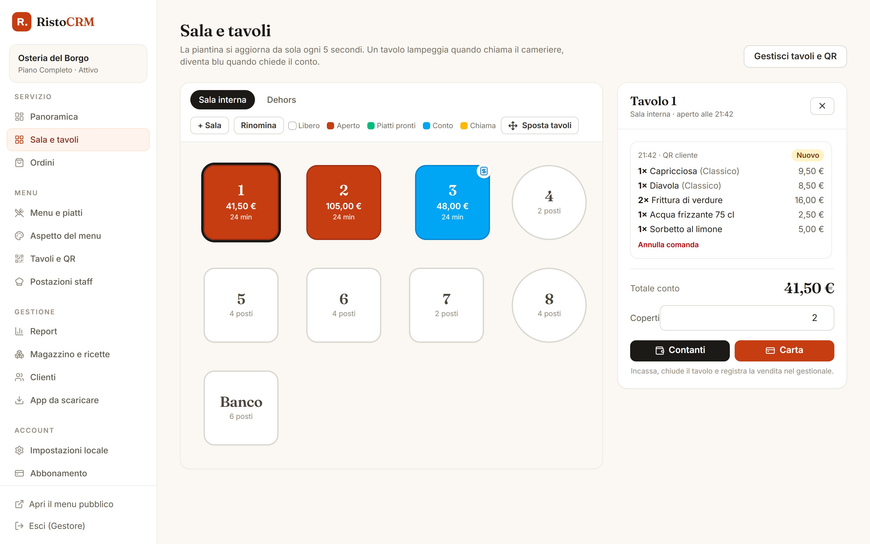 Piantina della sala con lo stato dei tavoli e il conto aperto
